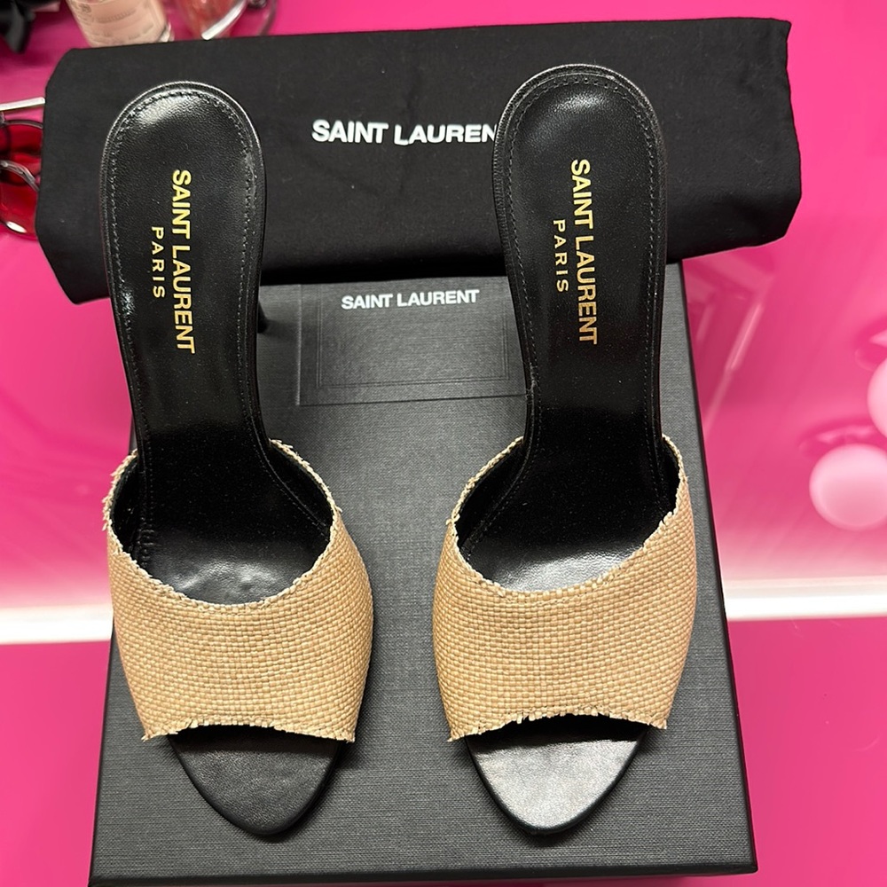 Saint Laurent la raffia and leather stiletto sandals